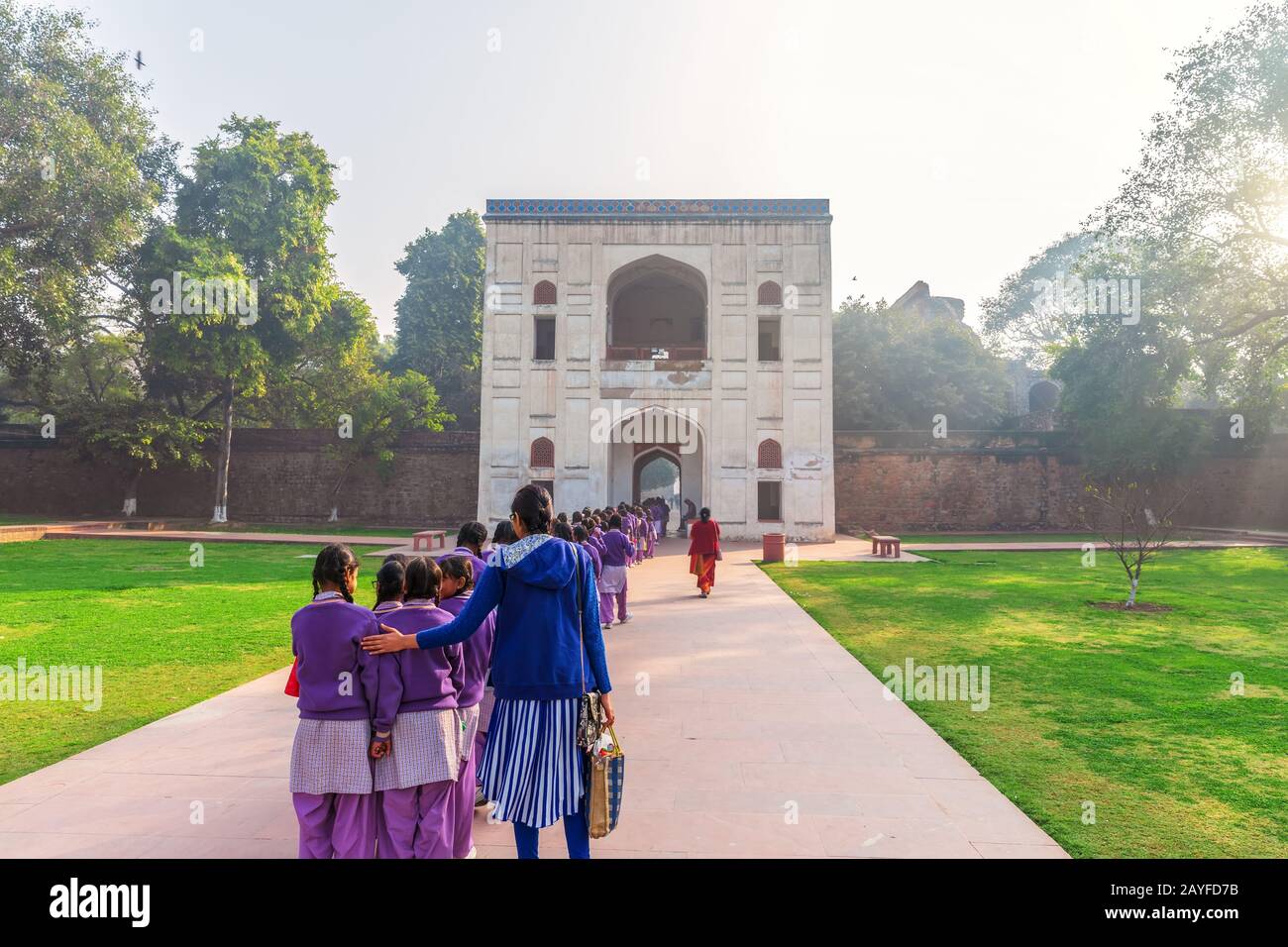 Indian school girls near the Humayun's Tomb entrance, New Delhi, India Stock Photo