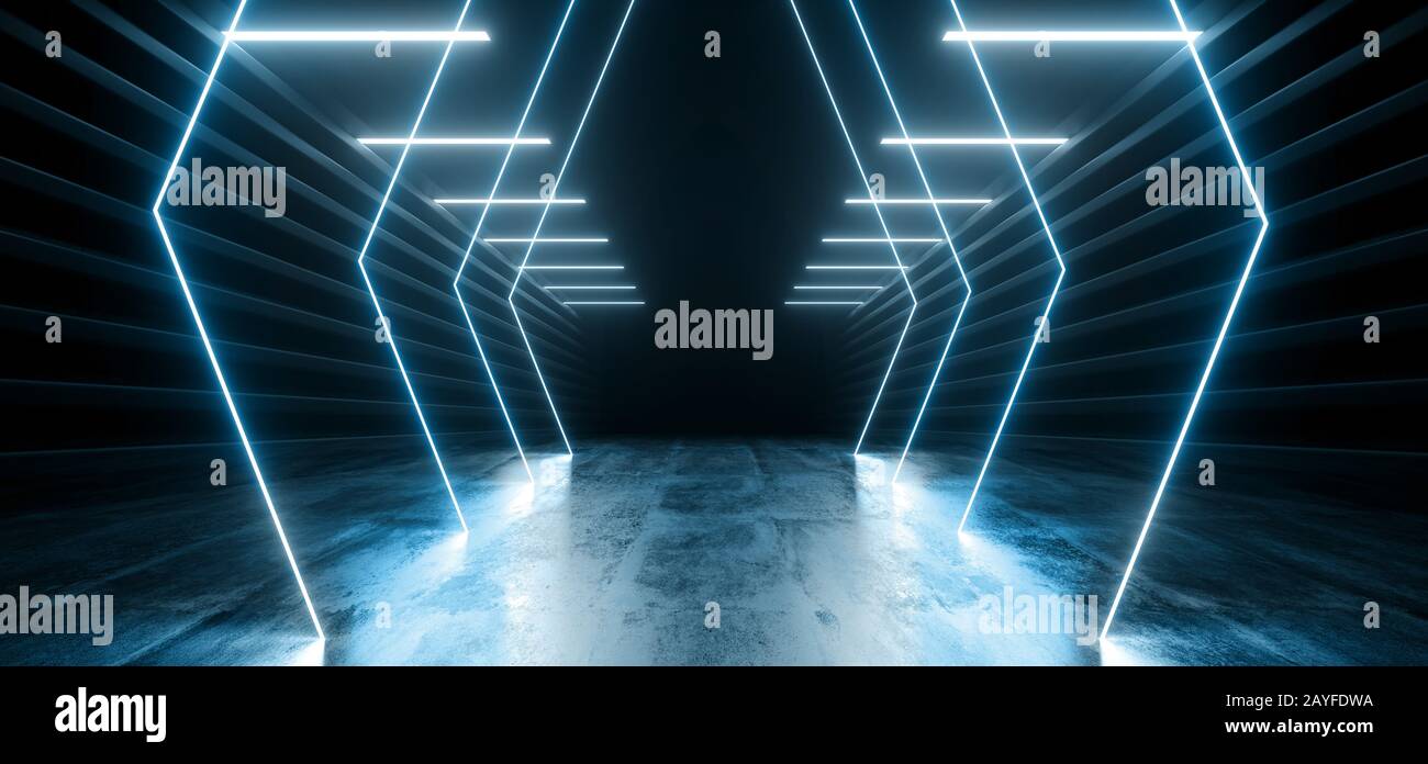 Neon Laser Cyber Virtual Reality Sci Fi Line Shaped Lights Glowing Classic Retro Blue Pantone Reflective Concrete Grunge Club Night Dance Floor Stage Stock Photo - Alamy