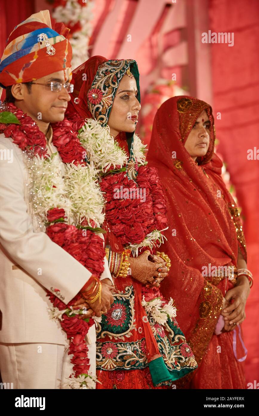 bridal couple with guests on traditional Indian wedding, Jodhpur, Rajasthan, India Stock Photo