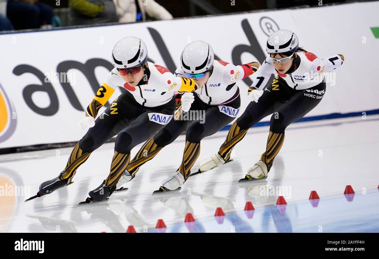 Team Pursuit Women Japan Winner Nana Takagi Jpn Ayana Saori Toi Jpn Miho Takagi Jpn During Isu World Single Distances Speed Skating On February 14 In The Olympic Oval In Salt