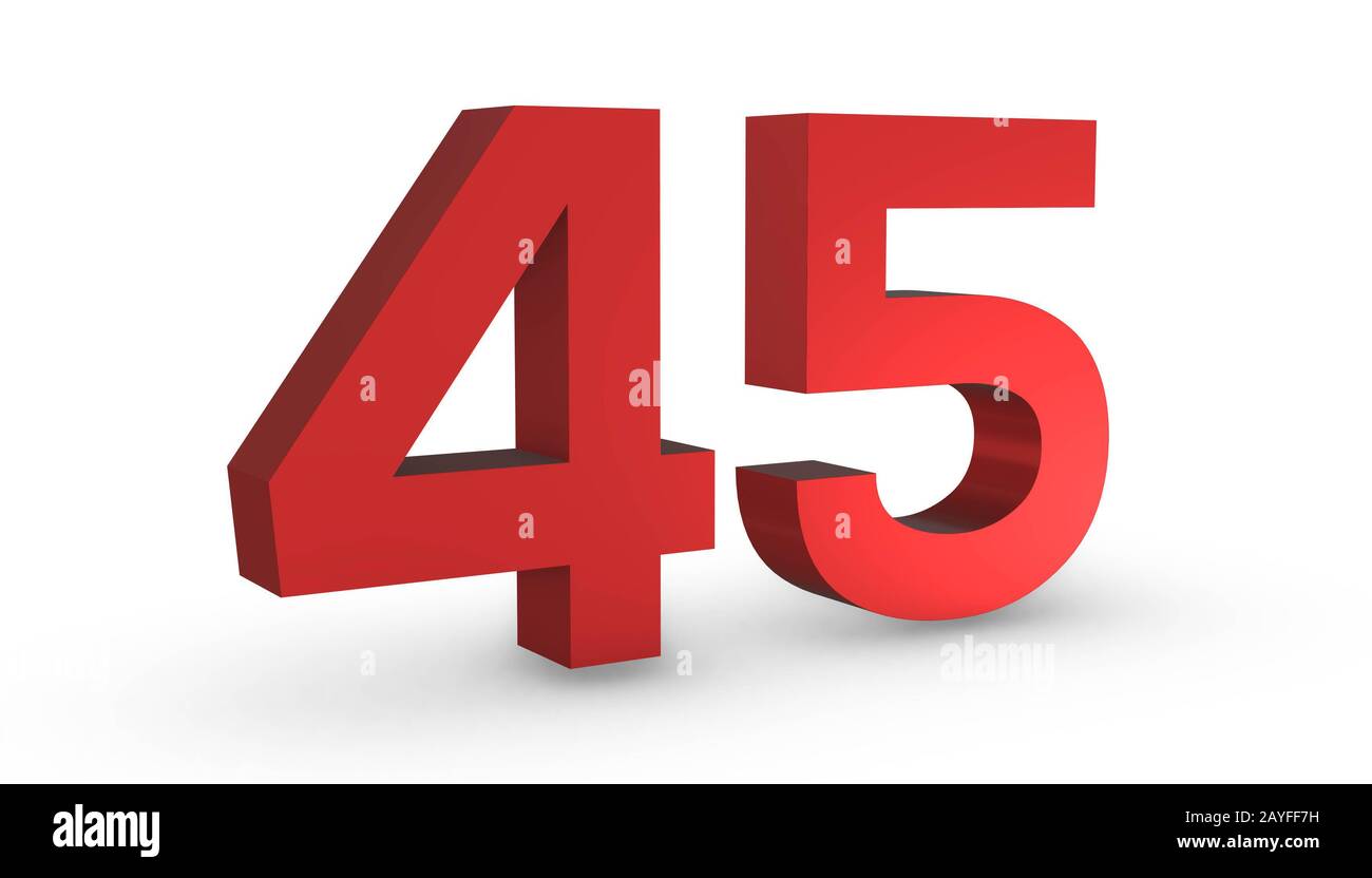 3D Shiny Red Number Forty Five 45 Isolated on White Background. Stock Photo