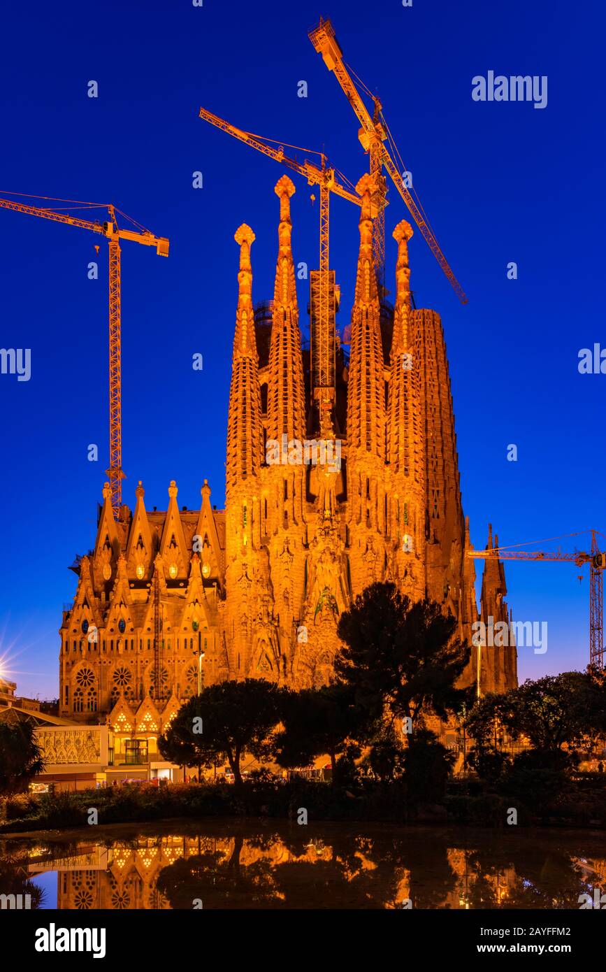 Sagrada Familia Church in Barcelona Spain at Dusk Stock Photo