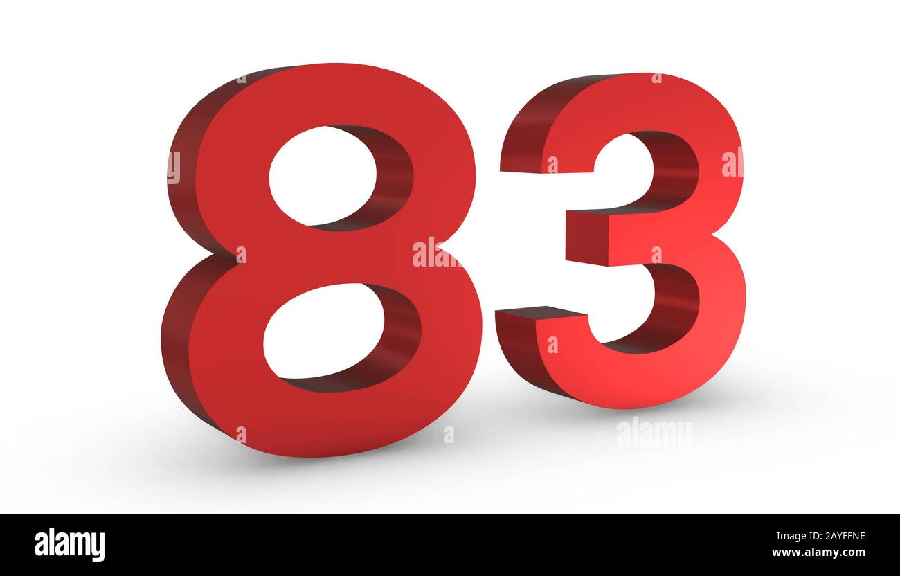 3D Shiny Red Number Eighty Three 83 Isolated on White Background. Stock Photo