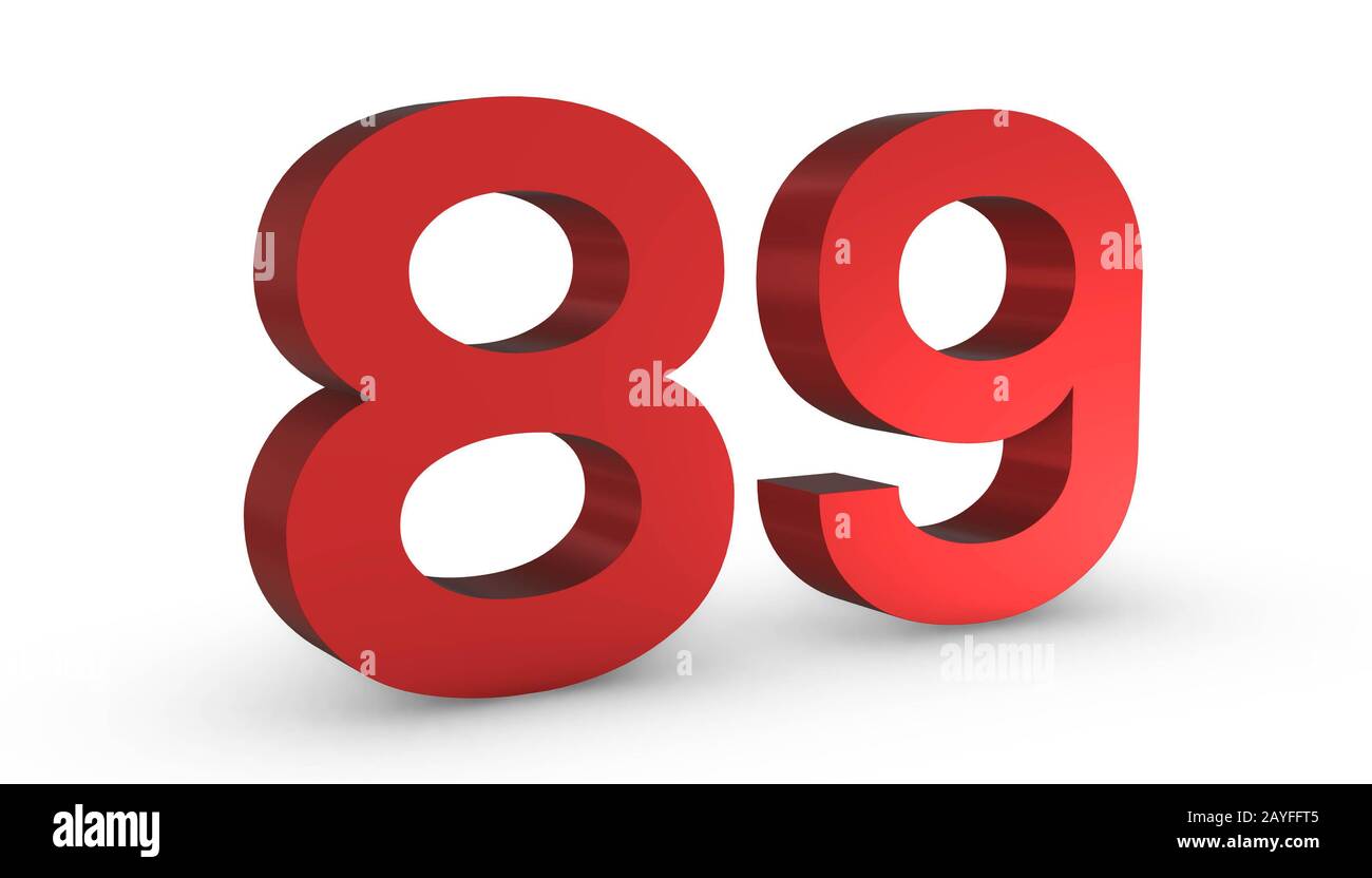 3D Shiny Red Number Eighty Nine 89 Isolated on White Background. Stock Photo