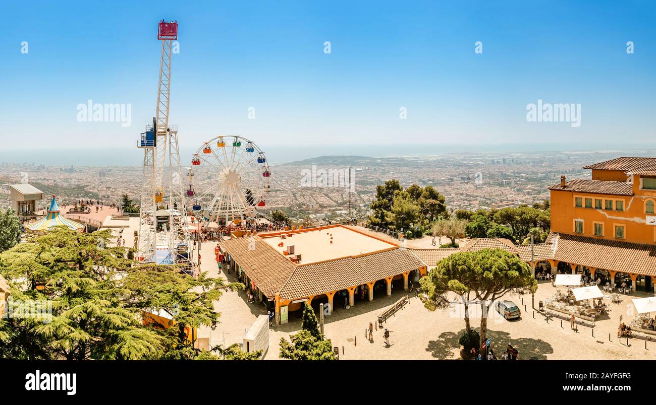 12 JULY 2018, BARCELONA, SPAIN: Ferris wheel in Tibidabo with panoramic view Stock Photo