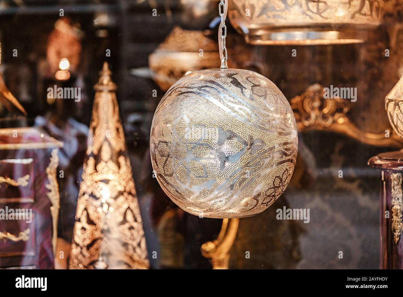 Decorative Lanterns And Lamps For Sale In Shop Window Stock Photo