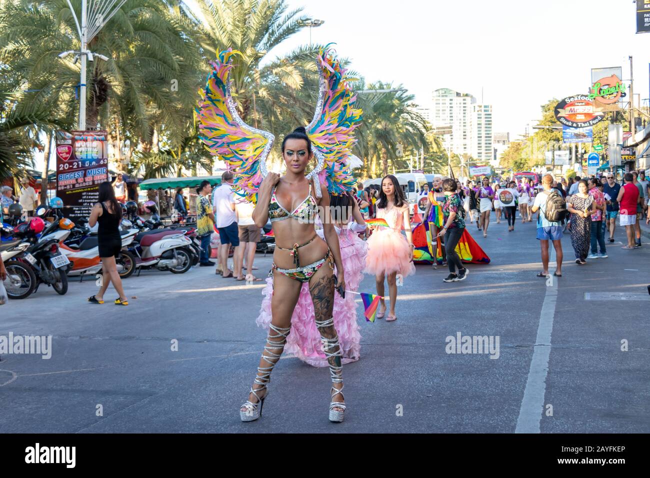 PATTAYA, THAILAND - FEBRUARY 15, 2020: a part of colorful LGBT parade with people wearing rainbow color take part in Pattaya International Pride 2020 Stock Photo