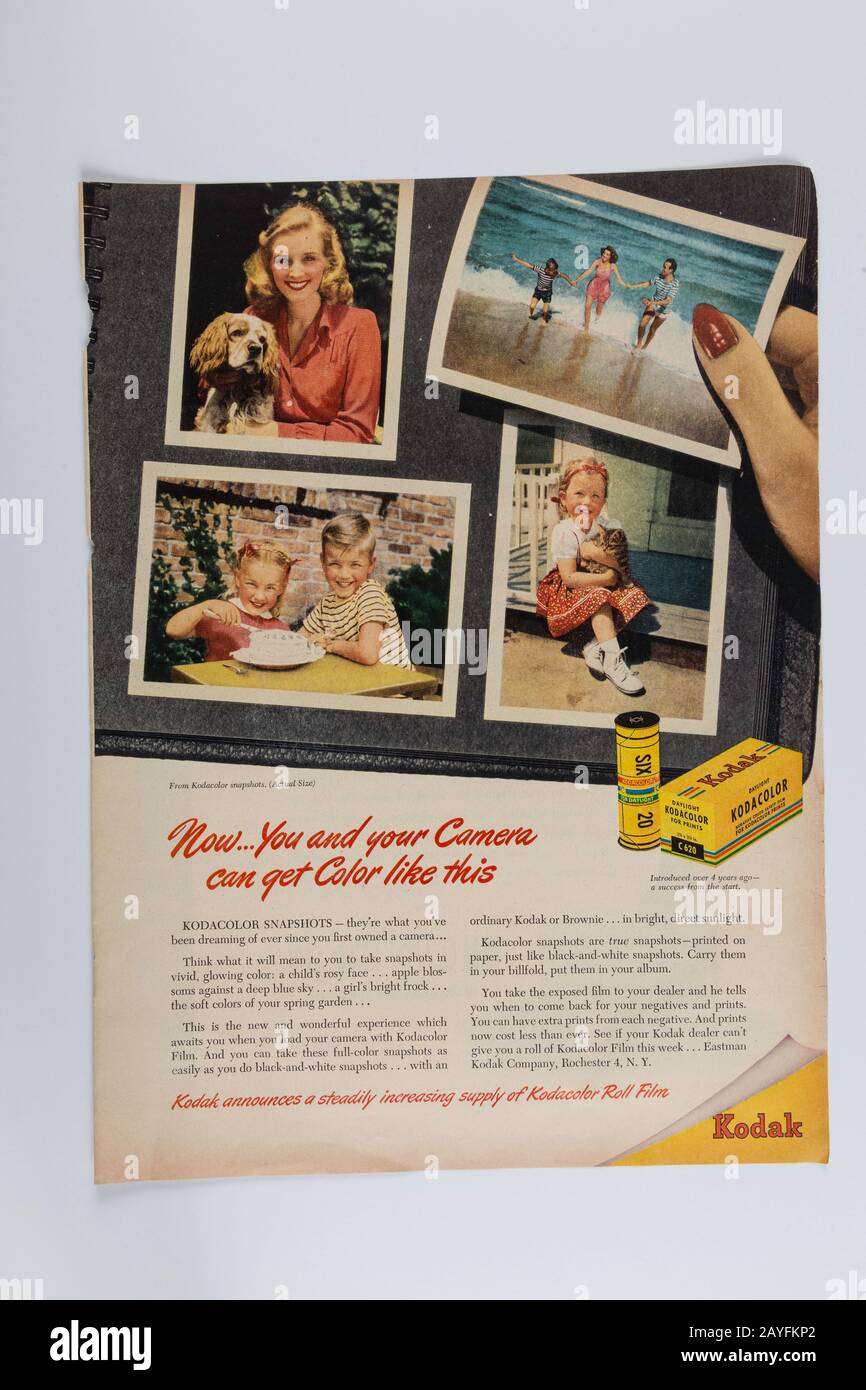 1946 Life Magazine Advertising for Kodacolor Prints by Kodak, USA Stock Photo