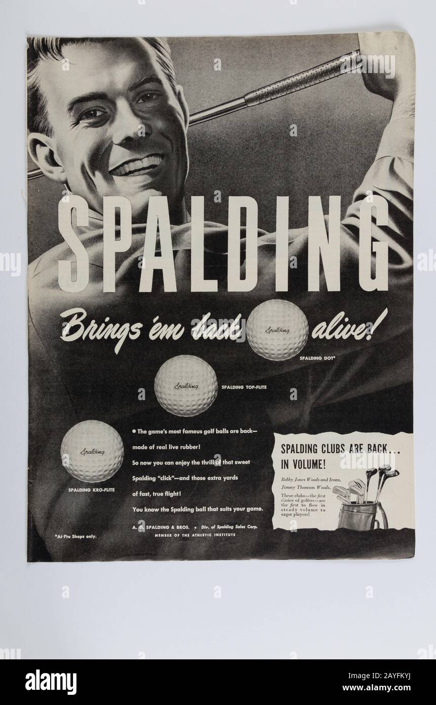 1946 Life Magazine Advertising for  Golf Balla and Clubs, USA Stock Photo