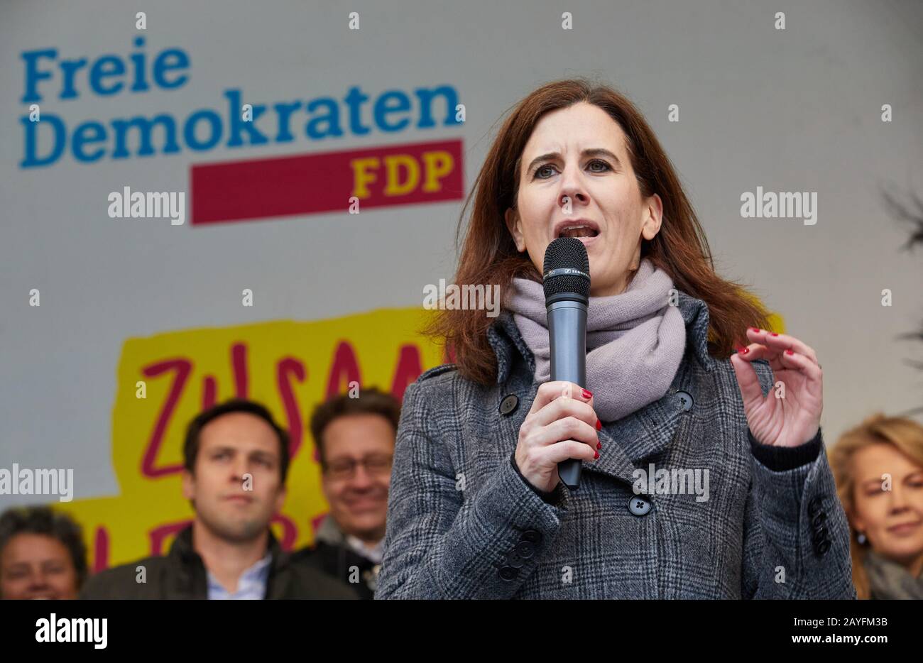Hamburg, Germany. 15th Feb, 2020. Katja Suding (FDP), head of the state, speaks at the FDP action day at Jungfernstieg. Credit: Georg Wendt/dpa/Alamy Live News Stock Photo
