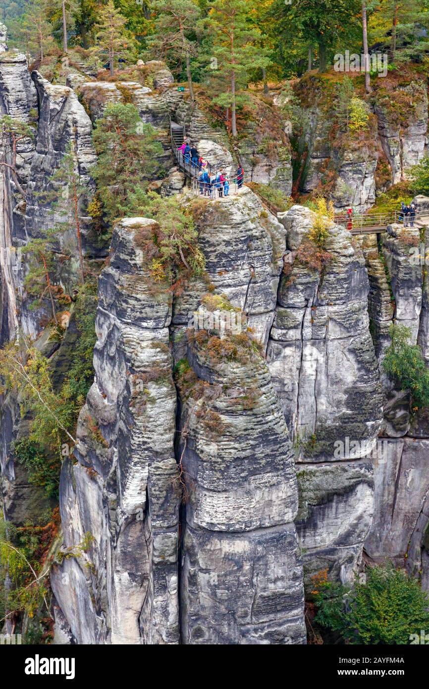 Tourists at a lookout point on top of a steep cliff with a view over the Bastei rock formation, part of Elbe Sandstone Mountains. Saxony, Germany. Stock Photo