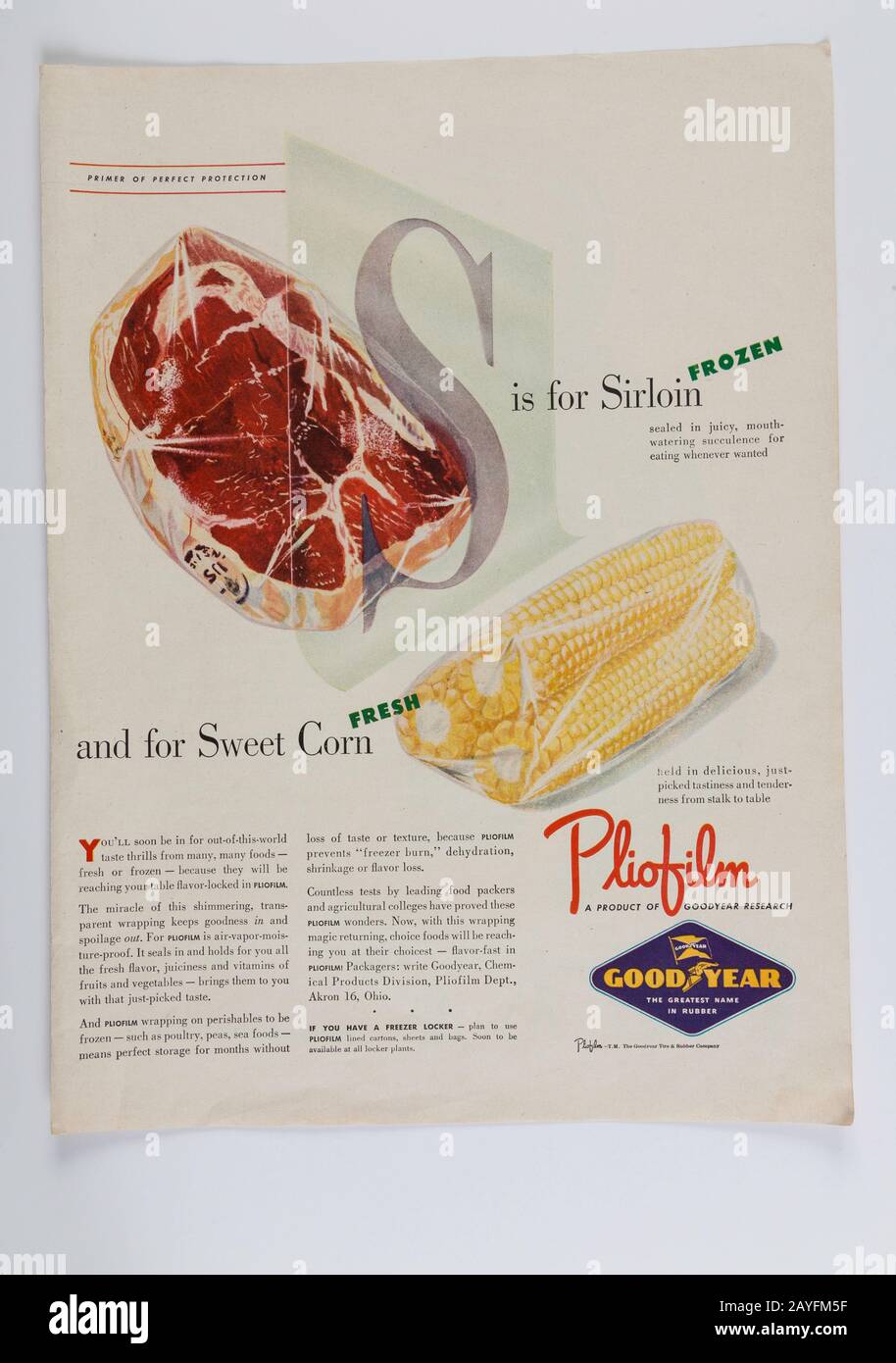 1946 Life Magazine Advertising for Pliofilm Food Wrap, USA Stock Photo