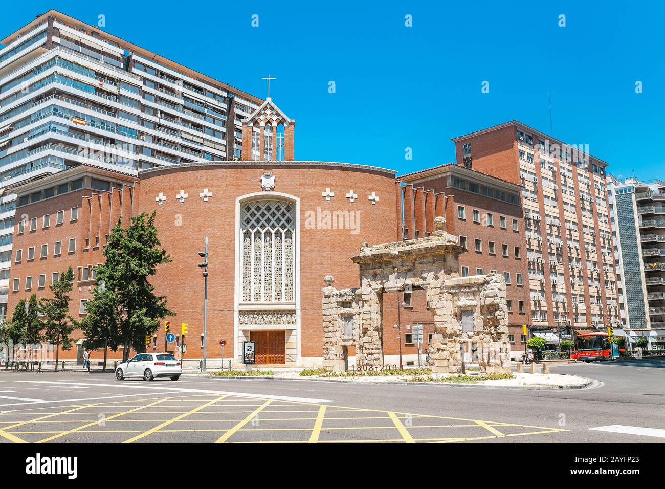 ZARAGOZA, SPAIN - 14 JULY 2018: Ancient Puerta del Carmen and Convent of the Carmelite Incarnation Building Stock Photo