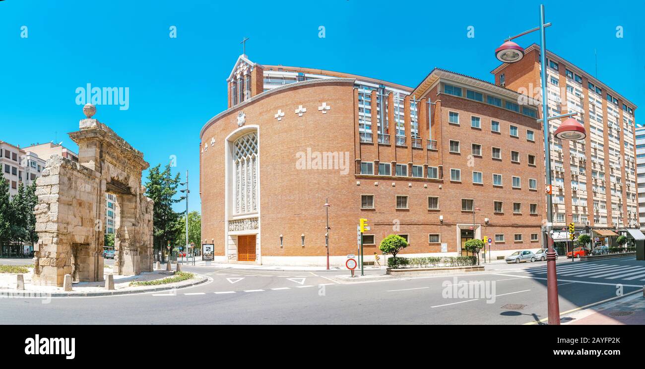ZARAGOZA, SPAIN - 14 JULY 2018: Ancient Puerta del Carmen and Convent of the Carmelite Incarnation Building Stock Photo