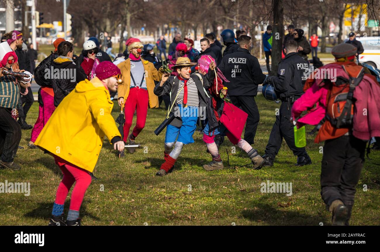 Clown Riots Dresden, Germany. 15th Feb, 2020. Clowns of a counter-demonstration try ...