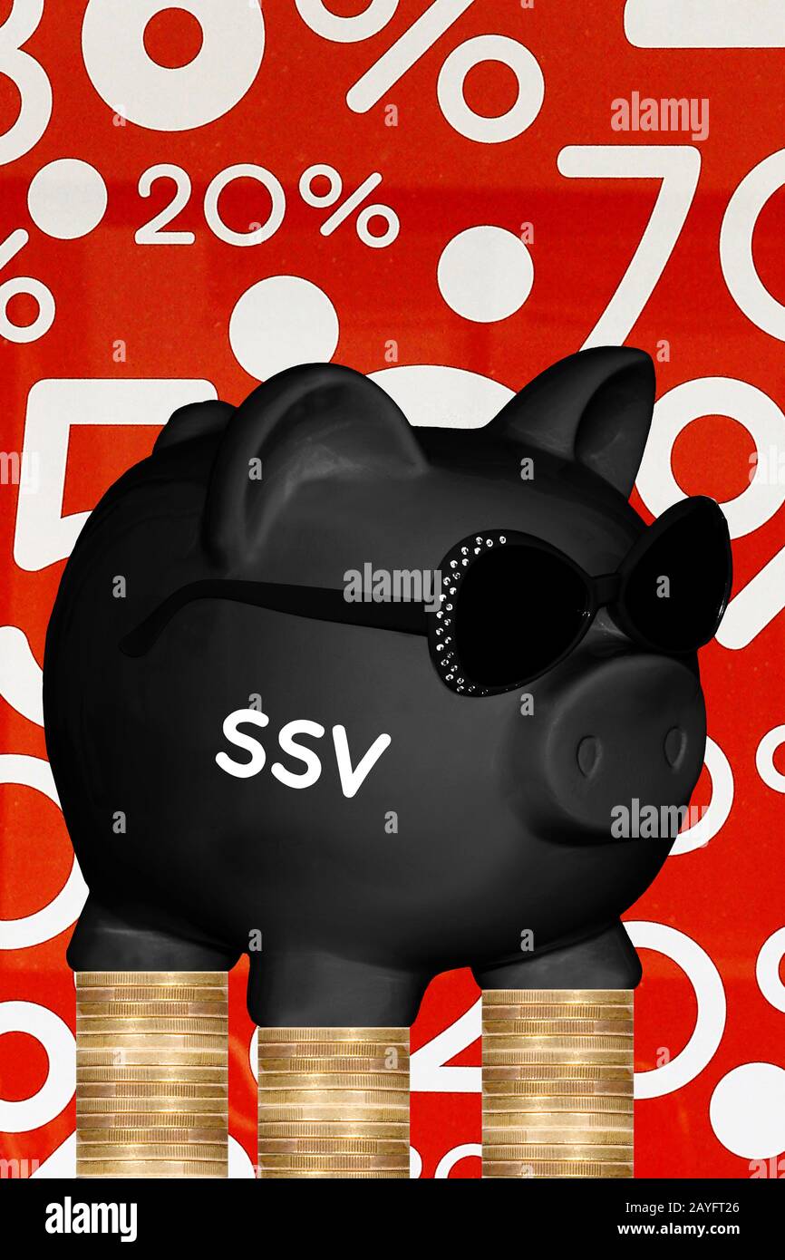 black piggy bank with sunglasses and lettering SSV, special offers and coin stacks in background, composing Stock Photo