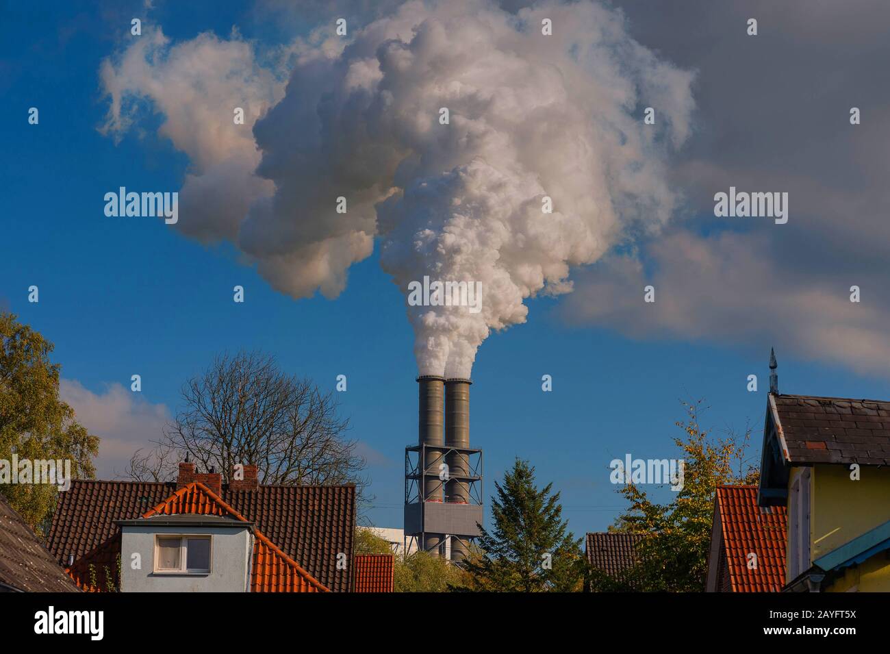 village road and Moorburg power station with plume, Germany, Hamburg, Moorburg Stock Photo