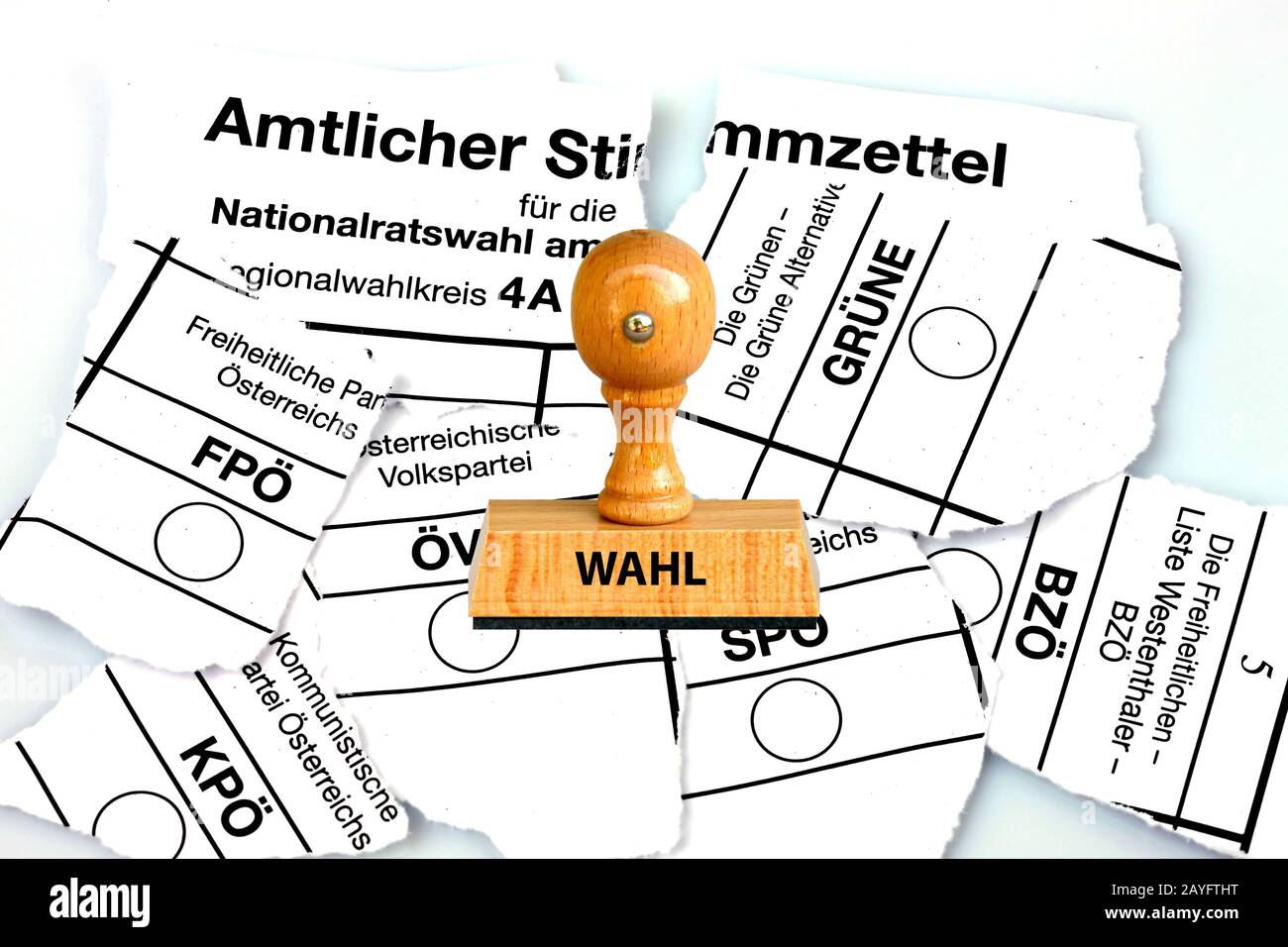 stamp lettering Wahl, election, and torn ballot papers of election in Austria, Austria Stock Photo