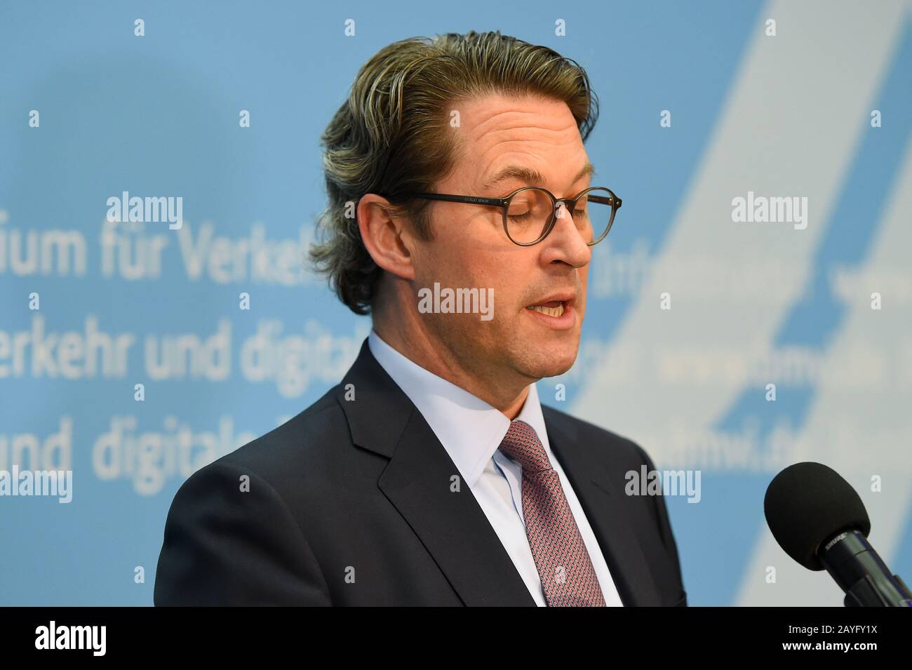 Berlin, Germany. 14th Feb, 2020. Federal Transport Minister Andreas Scheuer (CSU) will speak at a press conference on the topics of speed limits and drones in Berlin. Credit: Sonja Wurtscheid/dpa/Alamy Live News Stock Photo