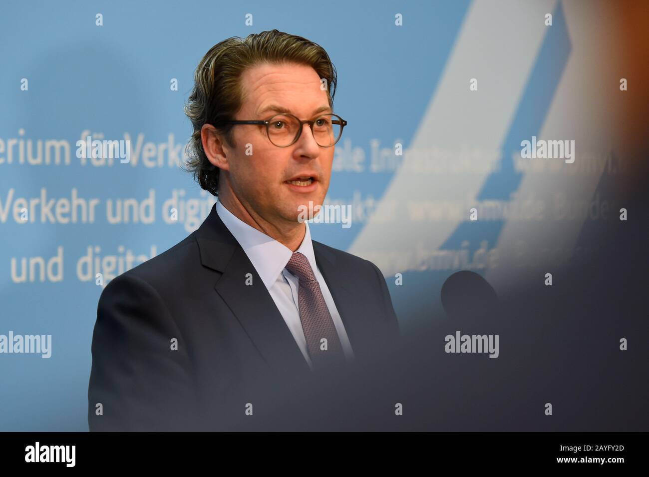 Berlin, Germany. 14th Feb, 2020. Federal Transport Minister Andreas Scheuer (CSU) will speak at a press conference on the topics of speed limits and drones in Berlin. Credit: Sonja Wurtscheid/dpa/Alamy Live News Stock Photo