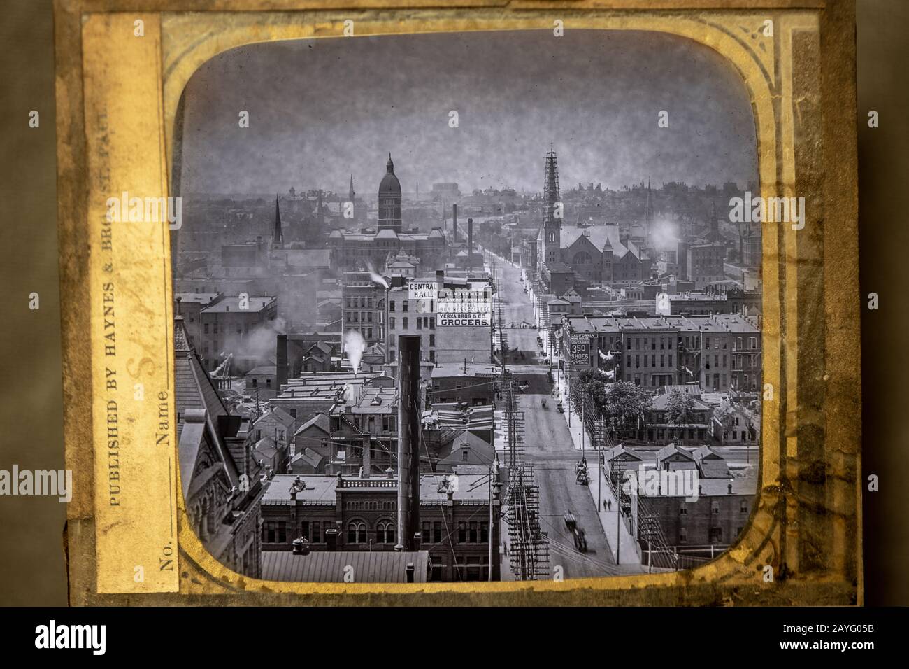 Old lantern projector glass slide showing the city of Saint Paul, Minnesota in the late 1800’s. Published by Haynes & Bros, St. Paul. Circa 1880’s Stock Photo