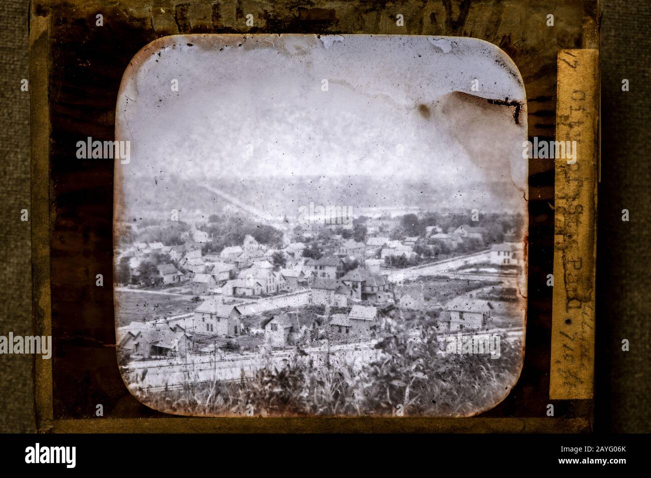 Old lantern projector glass slide showing the city of Saint Paul, Minnesota in the late 1800’s. Published by Haynes & Bros, St. Paul. Circa 1880’s Stock Photo