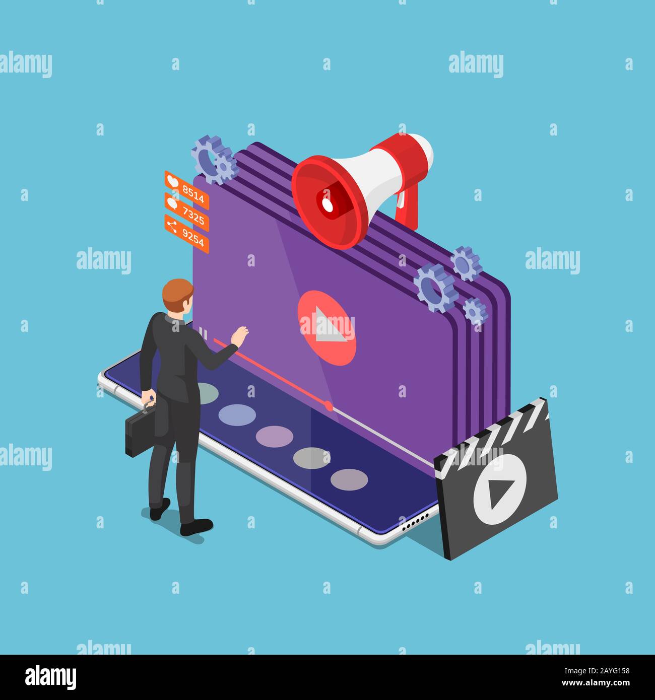 Flat 3d isometric businessman play online video streaming on smartphone. Video content marketing and movie streaming service concept. Stock Vector