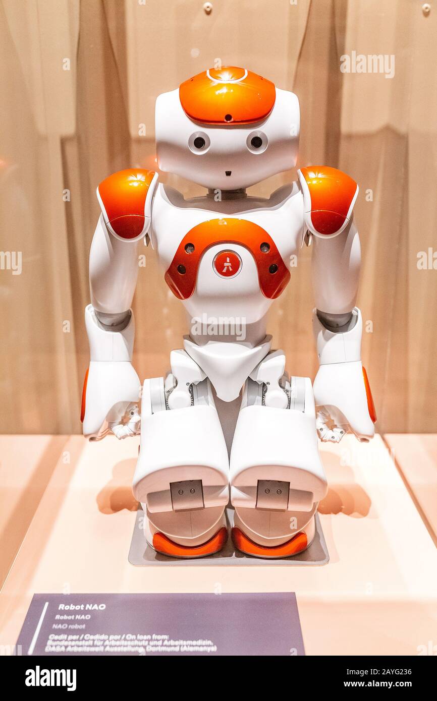28 JULY 2018, BARCELONA, SPAIN: Nao robot in museum exhibition Stock Photo