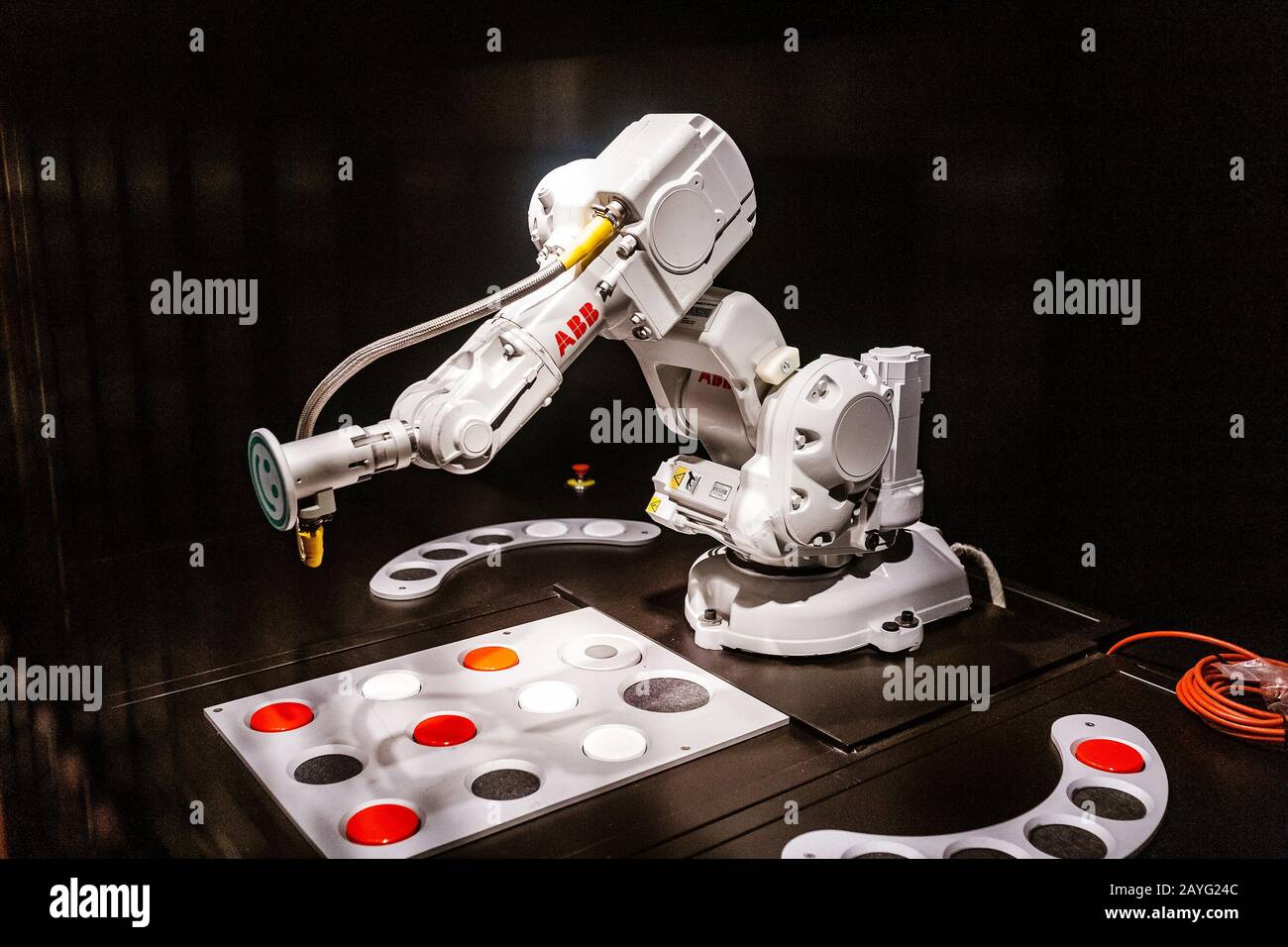 28 JULY 2018, BARCELONA, SPAIN: robot arm in Cosmocaixa museum. automated technology and industry concept Stock Photo