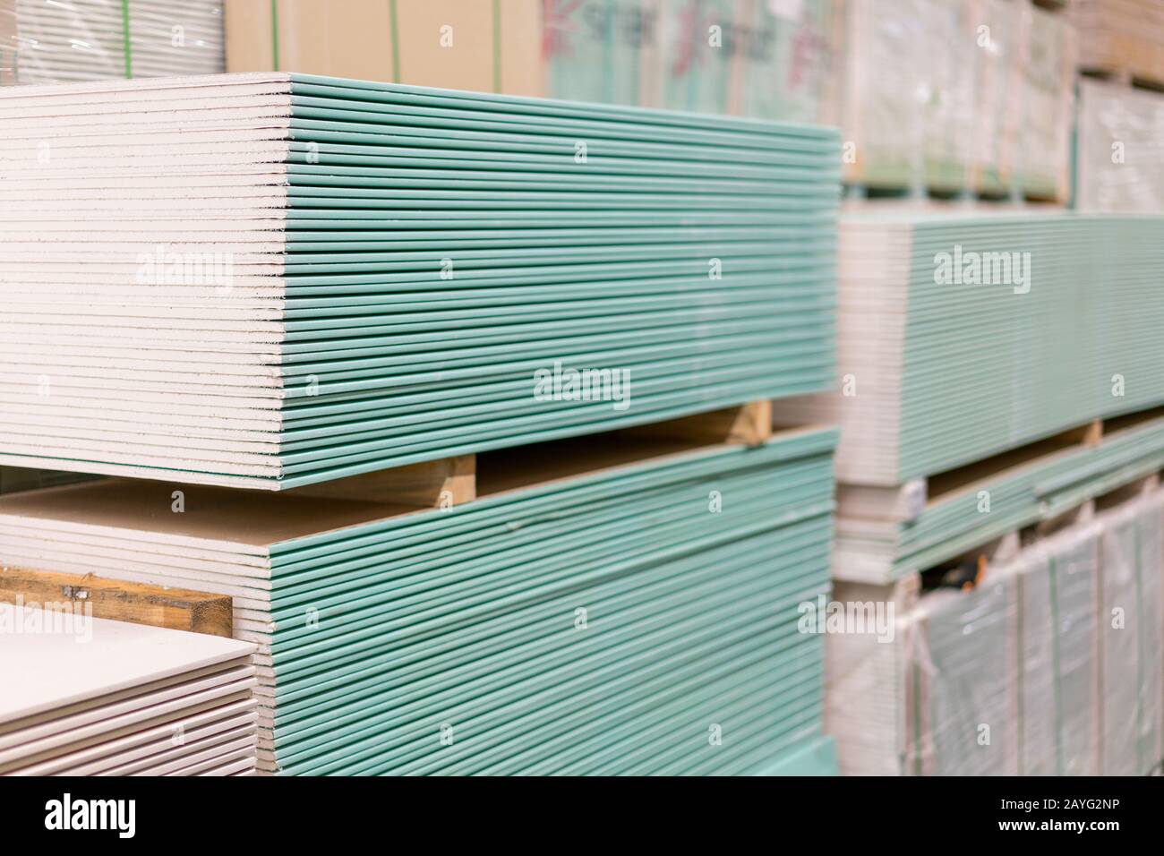 Drywall racks in a hardware store. repair and construction concept