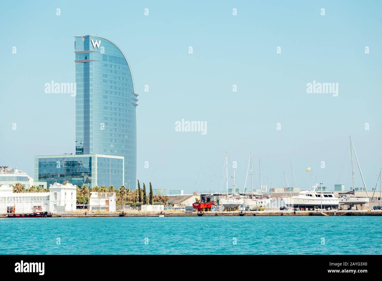 29 JULY 2018, BARCELONA, SPAIN: Famous sail shaped Hotel W skyscrapper Stock Photo