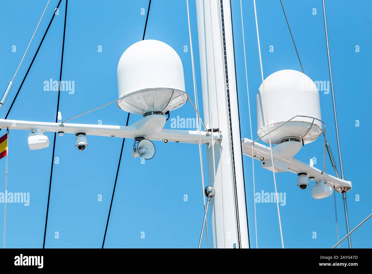 Closeup view of White Navigation radar system antennas of big white