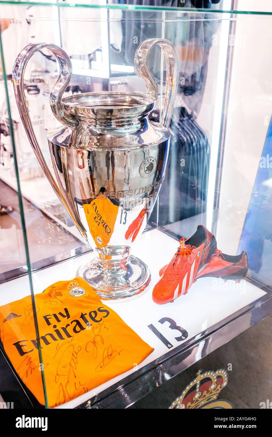 29 JULY 2018, BARCELONA, SPAIN: UEFA Champions League Cup in souvenir shop Stock Photo