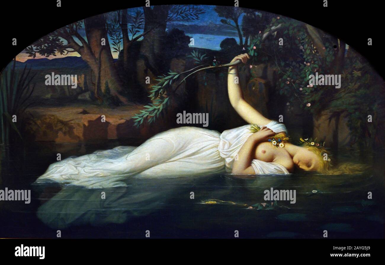 Ophelia 1852 Leopold Burthe 1823-1860 American, United States of, America, USA French, France,( Ophelia a character in William Shakespeare's drama Hamlet. young noblewoman of Denmark,  daughter of Polonius, sister of Laertes and potential wife of Prince Hamlet, due to Hamlet's actions, ends up in a state of madness that ultimately leads to her drowning. ) Stock Photo