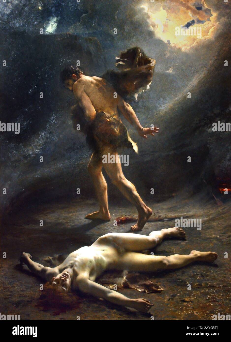 Le premier meurte - The First Dies 1899 Leon Perrault 1831-1908 French, France, ( Cain and Abel were the first sons of Adam and Eve in the Bible.)  Cain murdered Abel Stock Photo