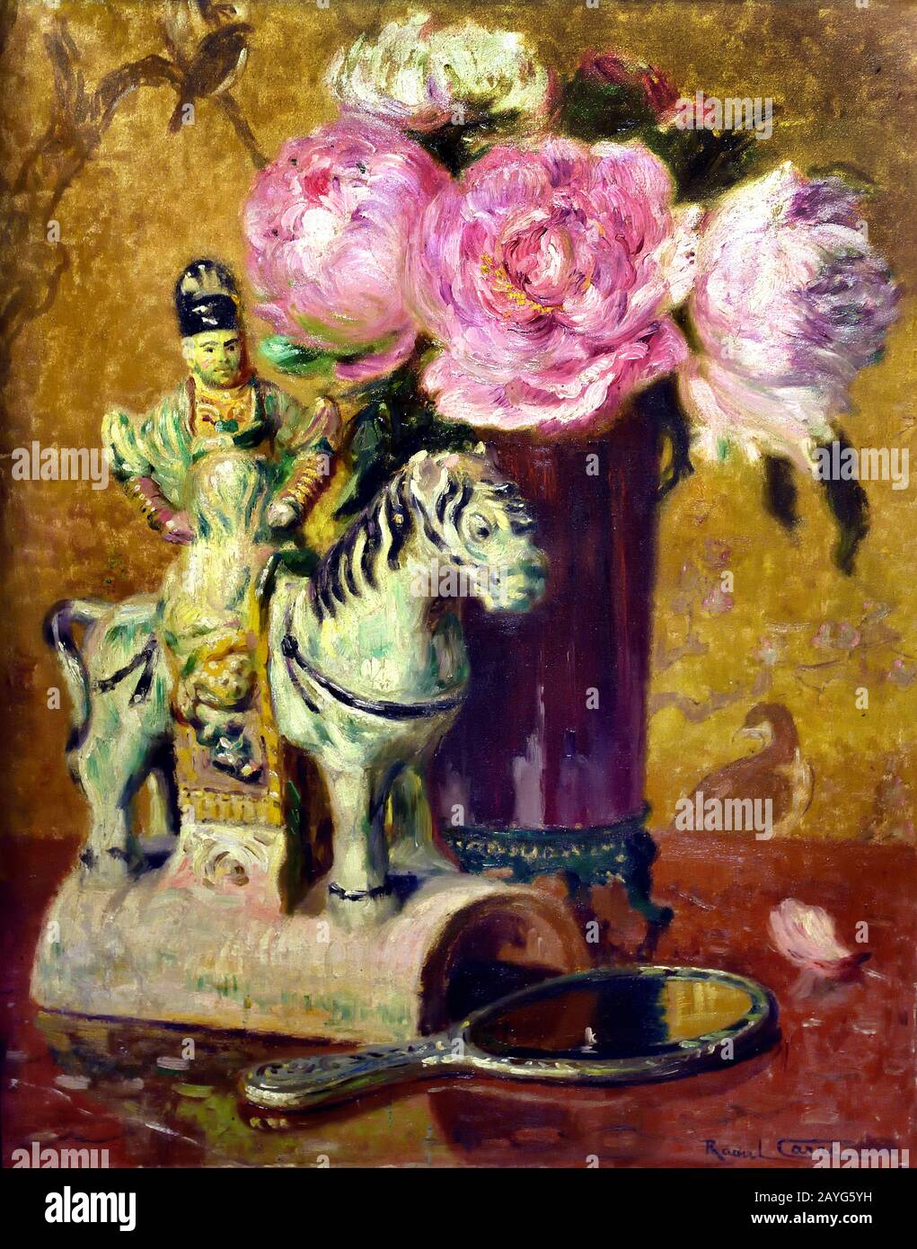 Nature morte au vase de pivoines et au cavallier chinois 1916 Still Life with Peony - Peonies Vase and Chinese Horseman 1916  Raoul Carre 1868-1933, France, French, Stock Photo