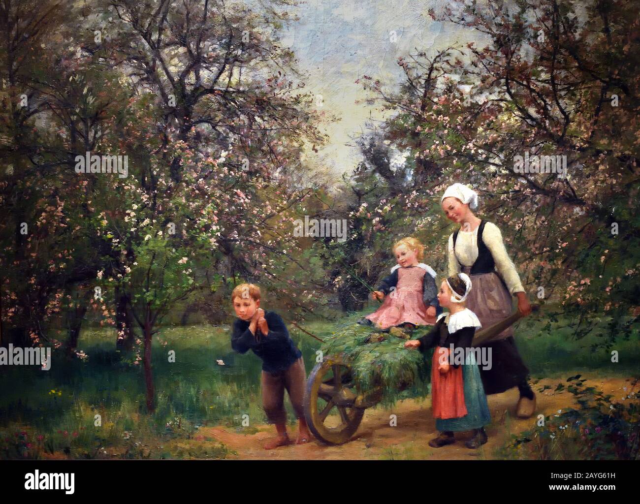 Apple blossoms 1885 Théophile Deyrolle 1844 - 1923. Orchard with a young mother and three children join forces to transport mown grass with a wheelbarrow. France, French, Stock Photo