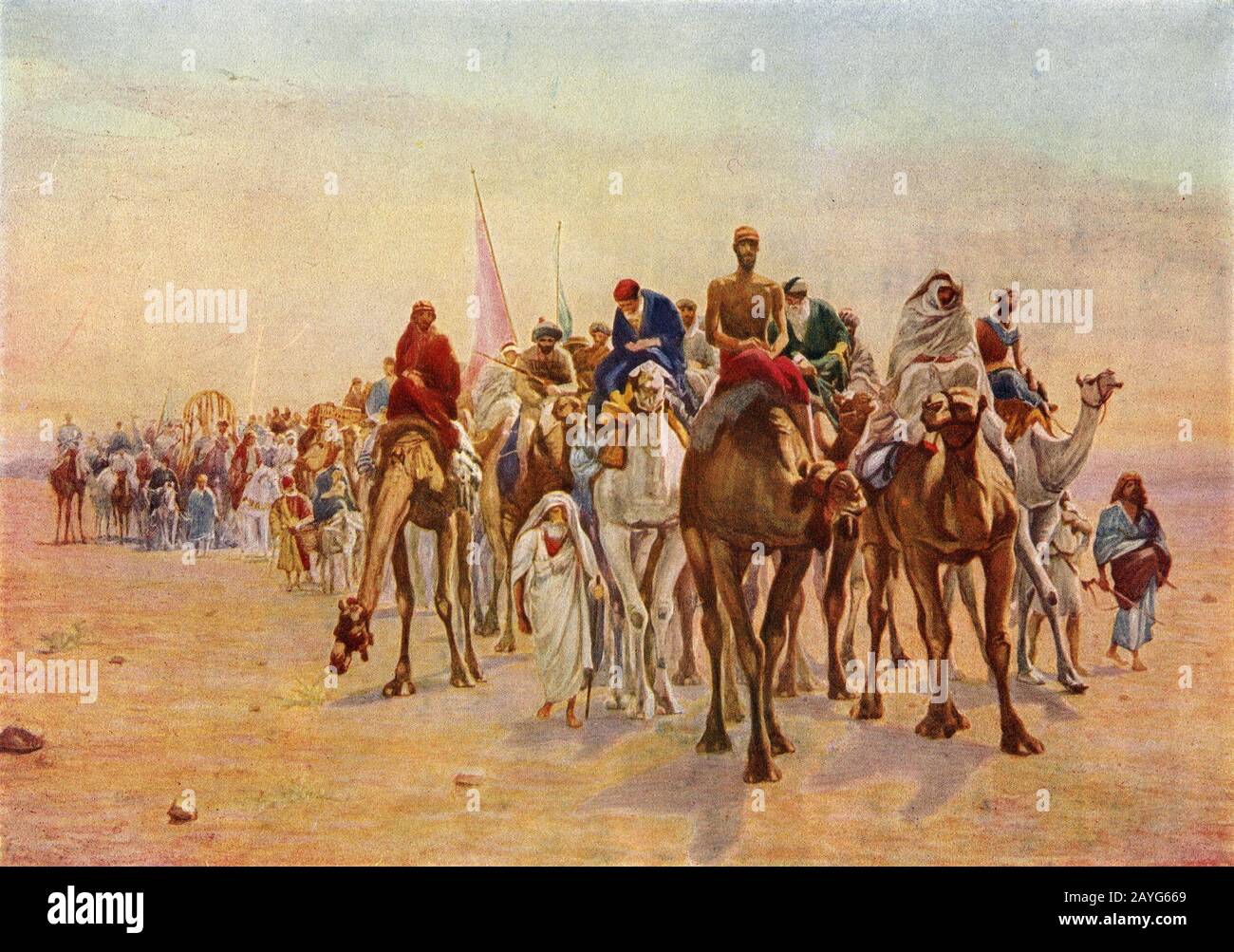Illustration of a caravan of people and camels on a hadj or pilgrimage to Mecca one of the five pillars of Islam.  Originally produced by the Photochrom Company of London Ltd. circa 1914 Stock Photo