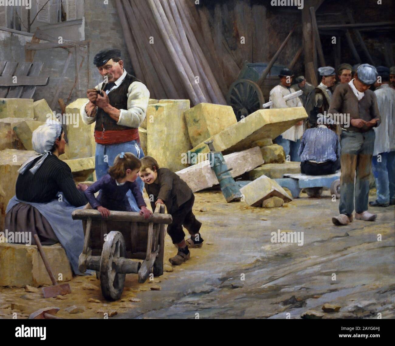 A building site 1883 by André BROUILLET1857 - 1914 France, French, ( Urban scene of an installation  building site, payment of the wages. Stock Photo
