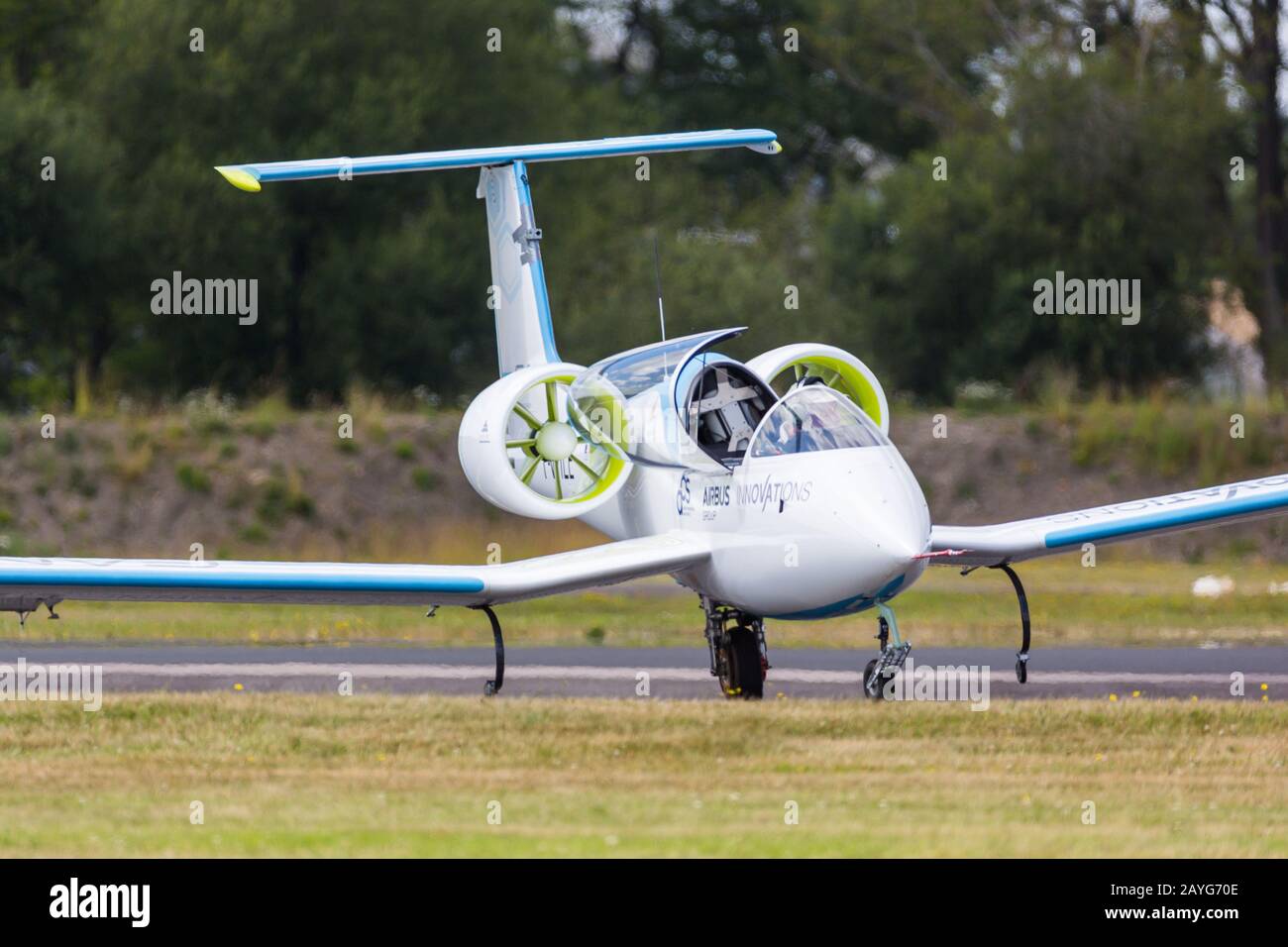 Farnborough, UK - July 15, 2014: Airbus flies the E-Fan at the Farnborough Int'l Airshow, a prototype all-electric aircraft used as a technology demon Stock Photo