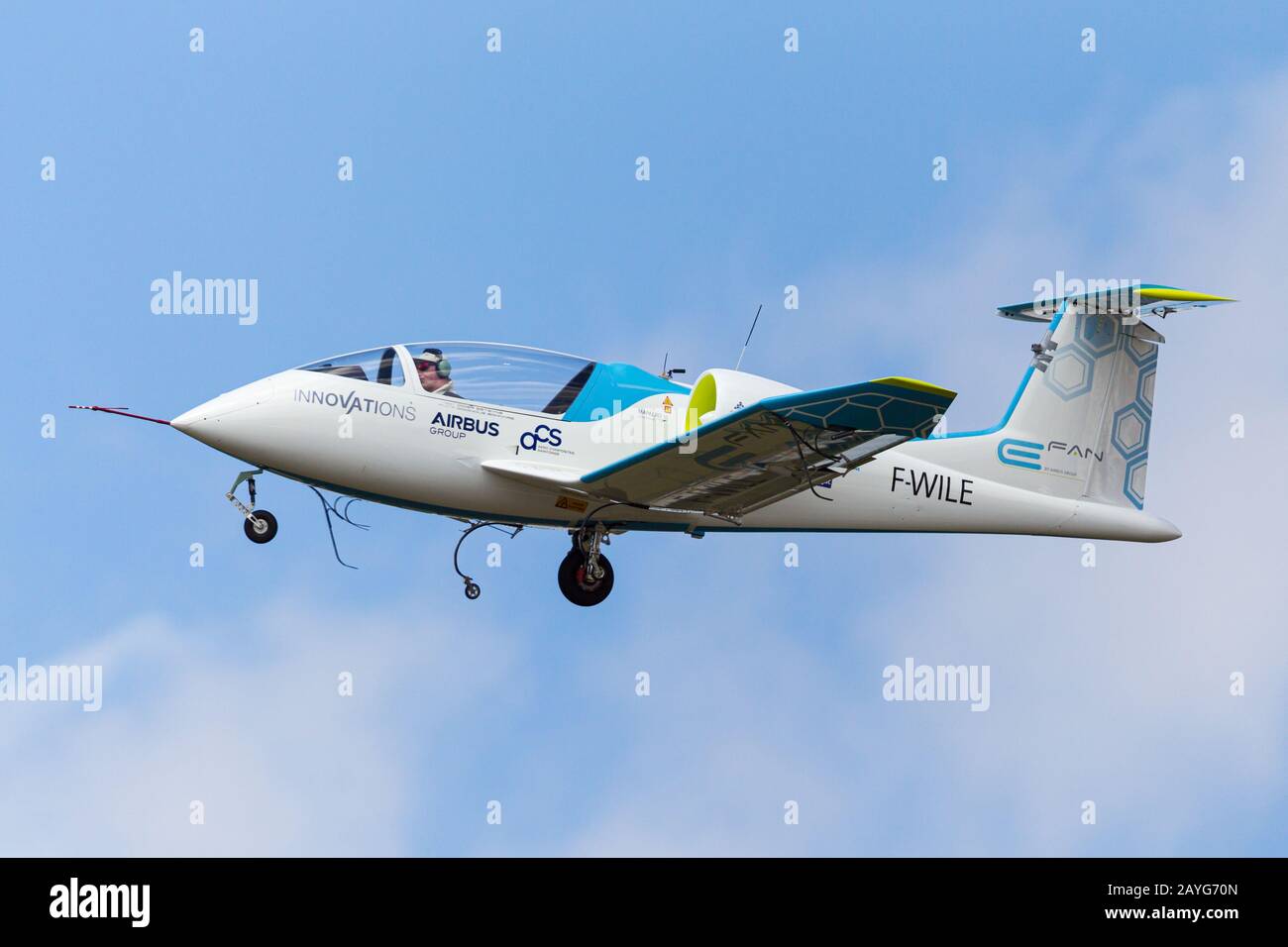 Farnborough, UK - July 15, 2014: Airbus flies the E-Fan at the Farnborough Int'l Airshow, a prototype all-electric aircraft used as a technology demon Stock Photo