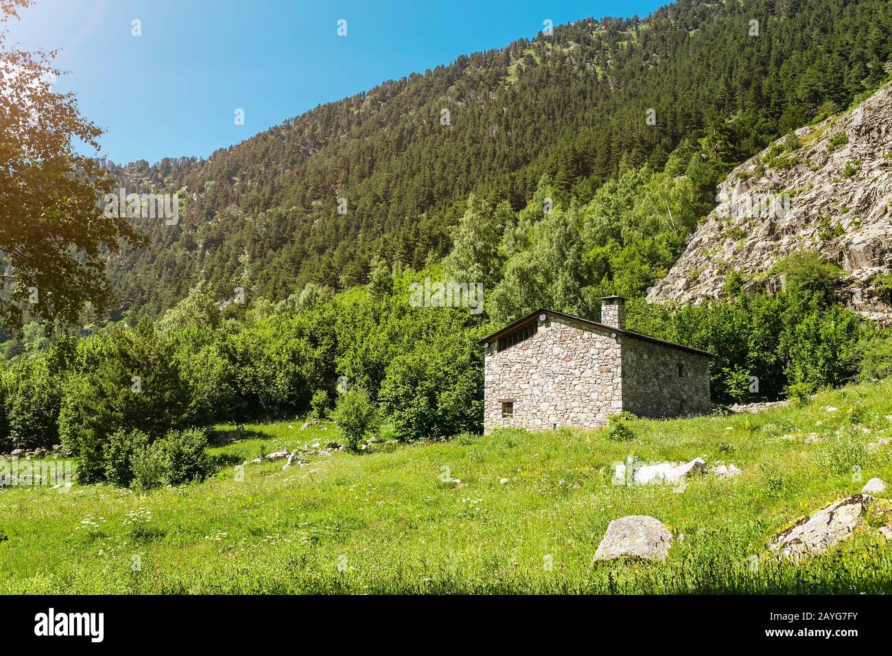 Ramio village and hiking refugio shelters in famous Madriu Perafita Claror Valley in Andorra, UNESCO world heritage place Stock Photo