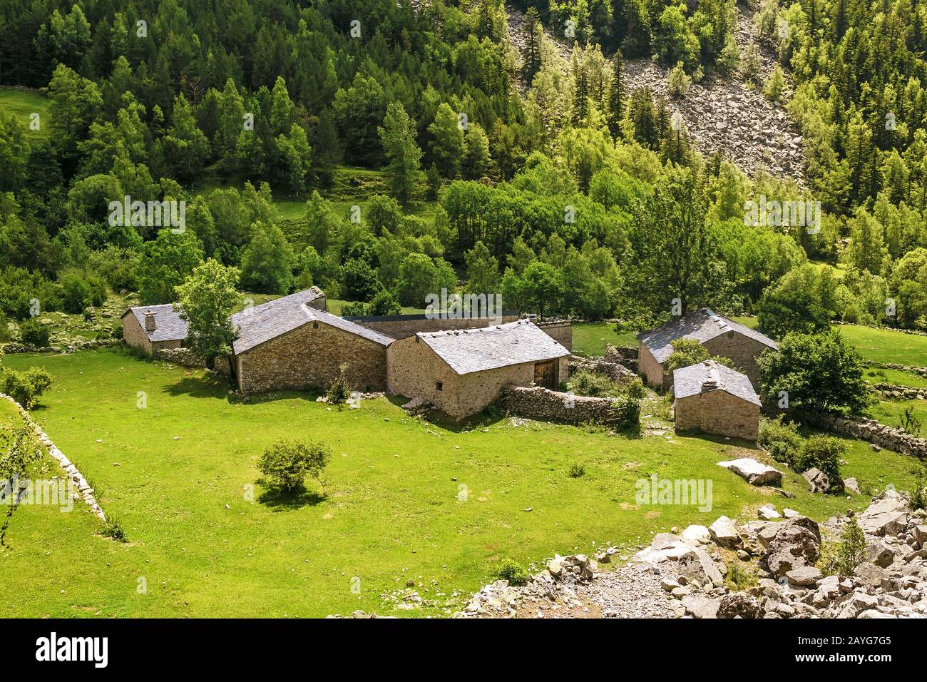 Ramio village and hiking refugio shelters in famous Madriu Perafita Claror Valley in Andorra, UNESCO world heritage place Stock Photo