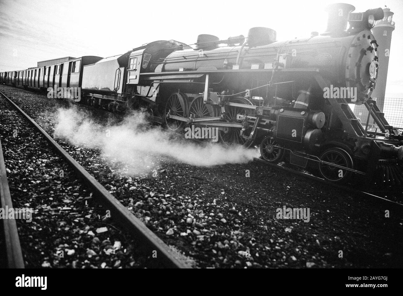 Steam train at Dungeness train station Stock Photo