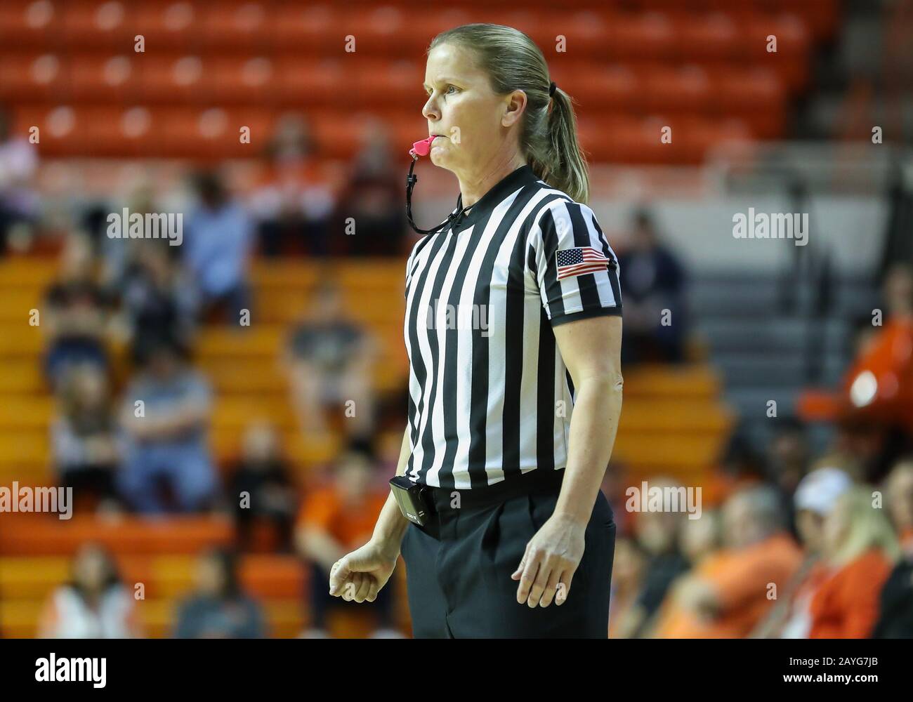 Stillwater, OK, USA. 08th Feb, 2020. A Big 12 referee during a basketball game between the West Virginia Mountaineers and Oklahoma State Cowgirls at Gallagher-Iba Arena in Stillwater, OK. Gray Siegel/CSM/Alamy Live News Stock Photo