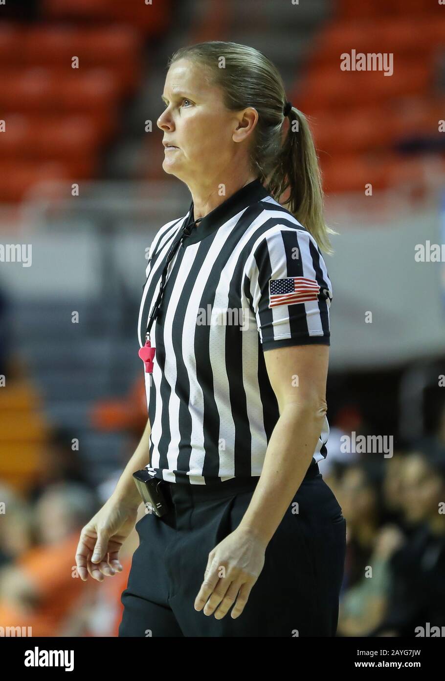Stillwater, OK, USA. 08th Feb, 2020. A Big 12 referee during a basketball game between the West Virginia Mountaineers and Oklahoma State Cowgirls at Gallagher-Iba Arena in Stillwater, OK. Gray Siegel/CSM/Alamy Live News Stock Photo