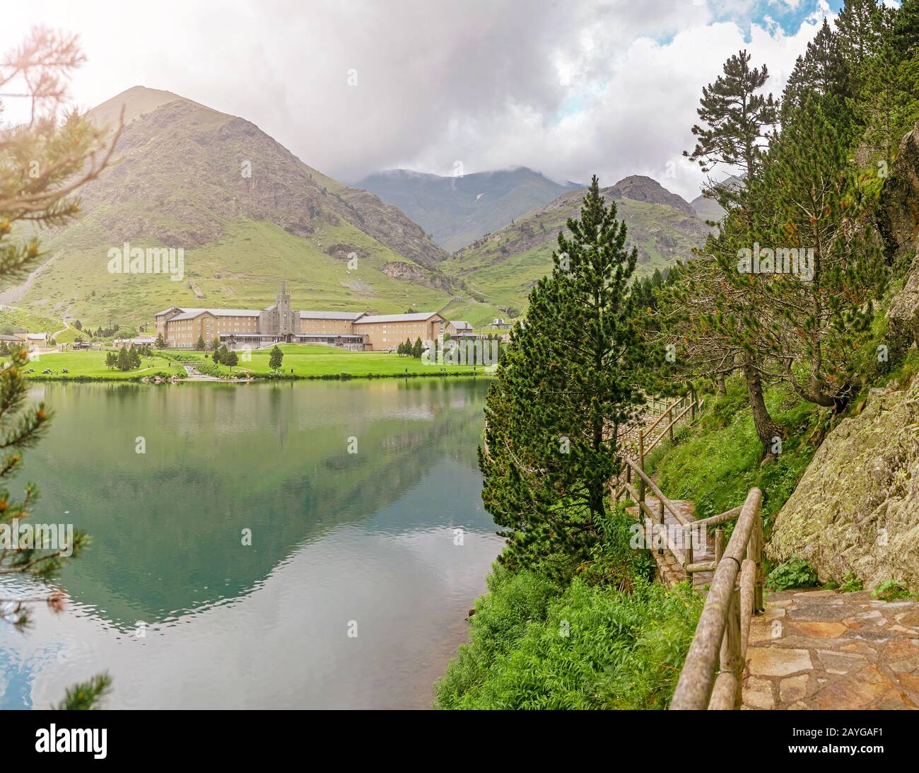 Panoramic view of the Nuria Valley with lake in the Catalan Pyrenees, Spain Stock Photo