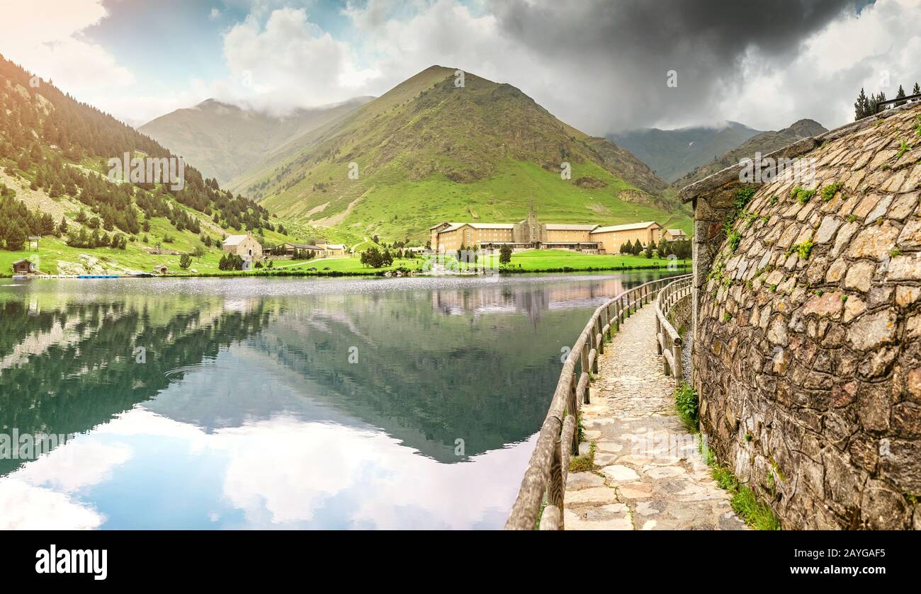 Panoramic view of the Nuria Valley with lake in the Catalan Pyrenees, Spain Stock Photo