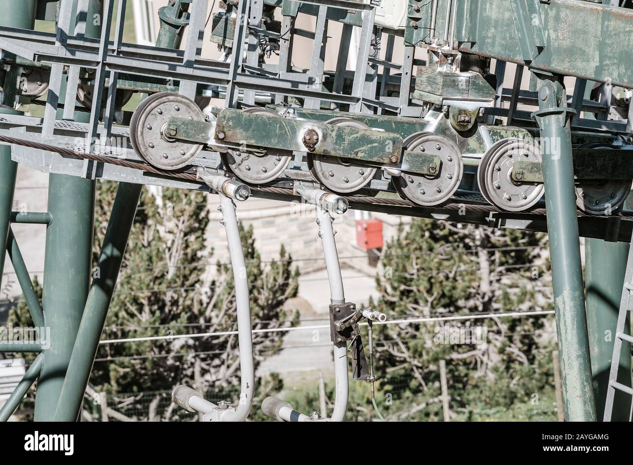 Mechanism of old cable car in the mountains Stock Photo