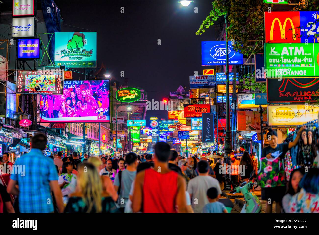 Bangkok, Thailand - February 26, 2018 : Tourists enjoying Khao San Road, Khao San road is a famous place for sight-seeing and eating at night in Bangk Stock Photo